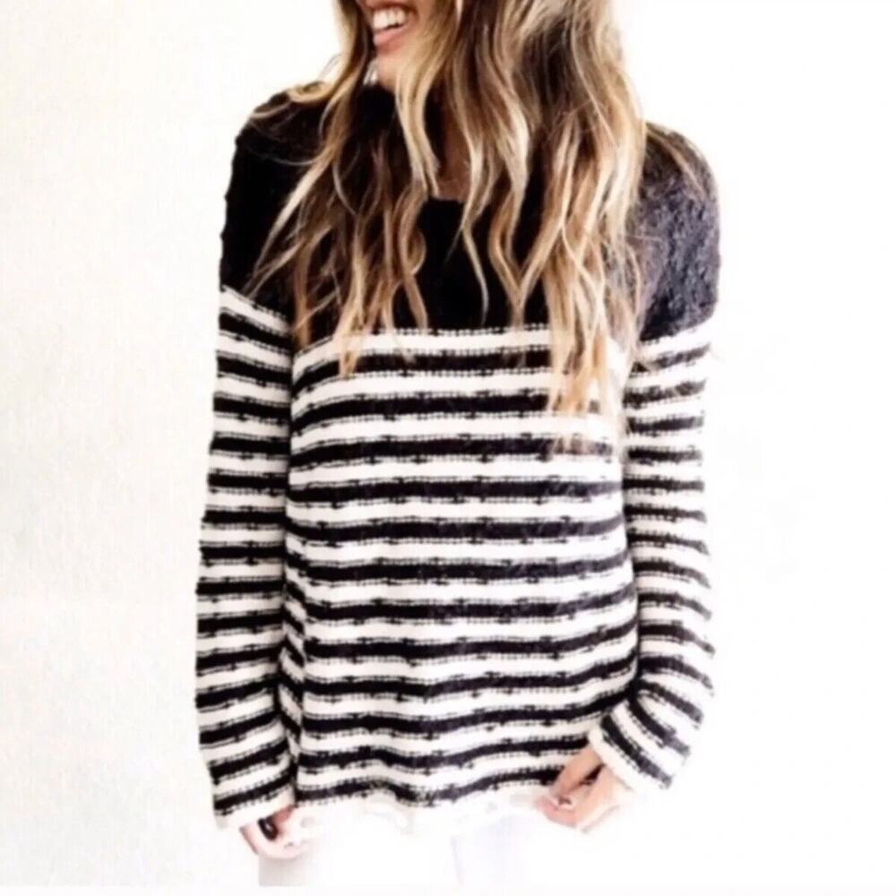 Free People Black French Creek Crochet Sweater Open Knit Boucle Stripe Small